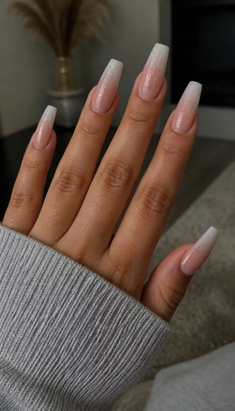 Muted French Ombre A photorealistic close-up shot of a woman's medium skin tone hand with five fingers, showcasing long coffin-shaped nails featuring a French ombre design in muted tones, accented with subtle glitter, indoor background