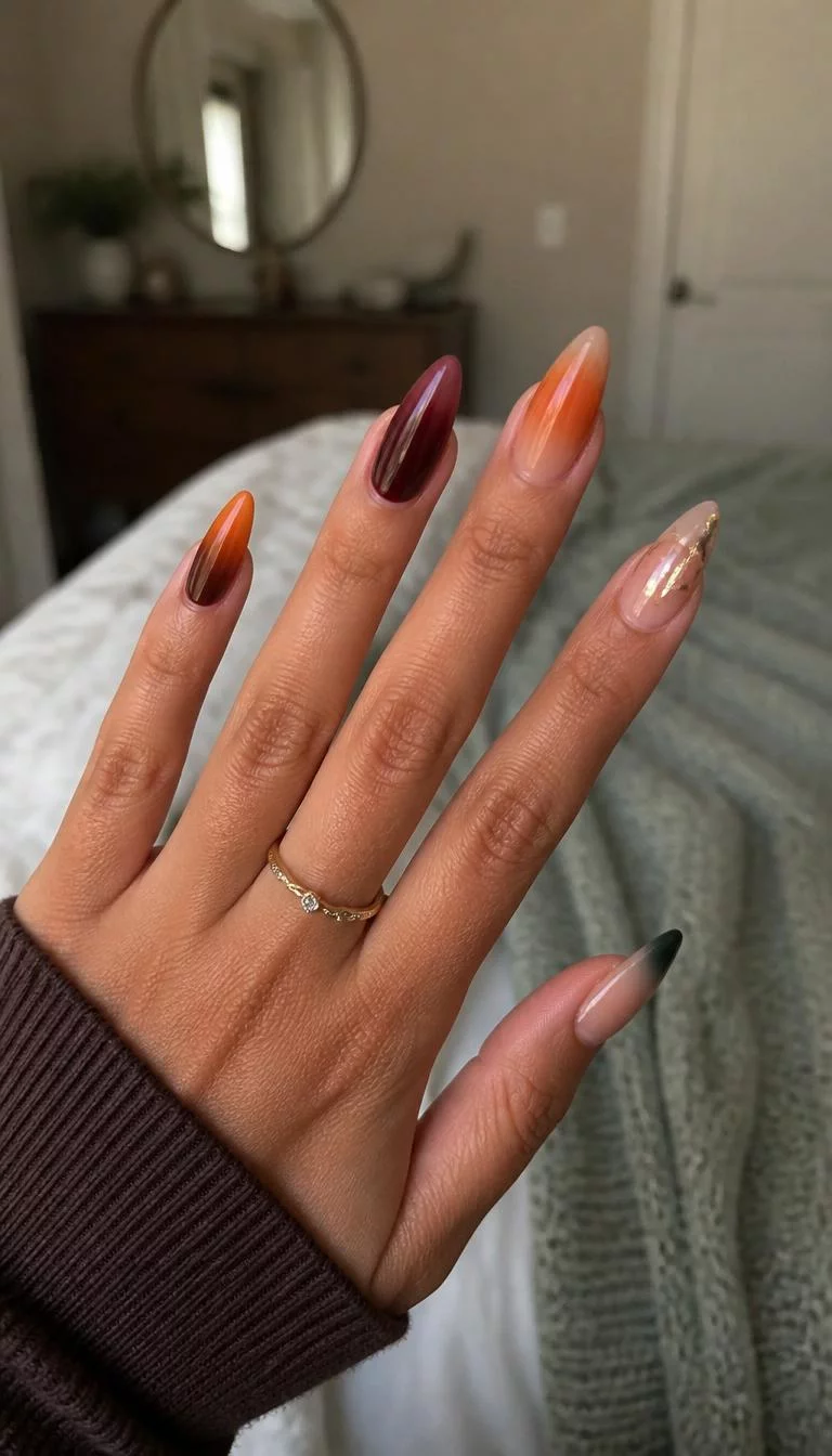 Autumn Diversity Collage A photorealistic close-up shot of a woman's olive skin tone hand with five fingers, showcasing various autumn-themed ombre nail designs, including different shapes and colors, bedroom background