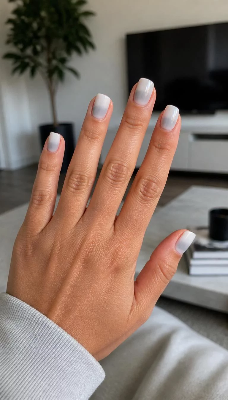 Soft Gray Fog Fade A photorealistic close-up shot of a woman's medium skin tone hand with five fingers, showcasing short square-shaped nails with a soft gray to white ombre gradient, living room background