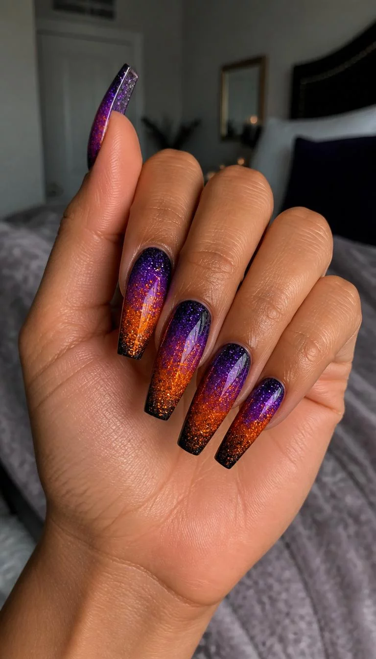 Spooky Season Glitter Sparkle A photorealistic close-up shot of a woman's olive skin tone hand with five fingers, showcasing long coffin-shaped nails featuring a glitter ombre design in purple, orange, and black, reminiscent of Halloween, bedroom background