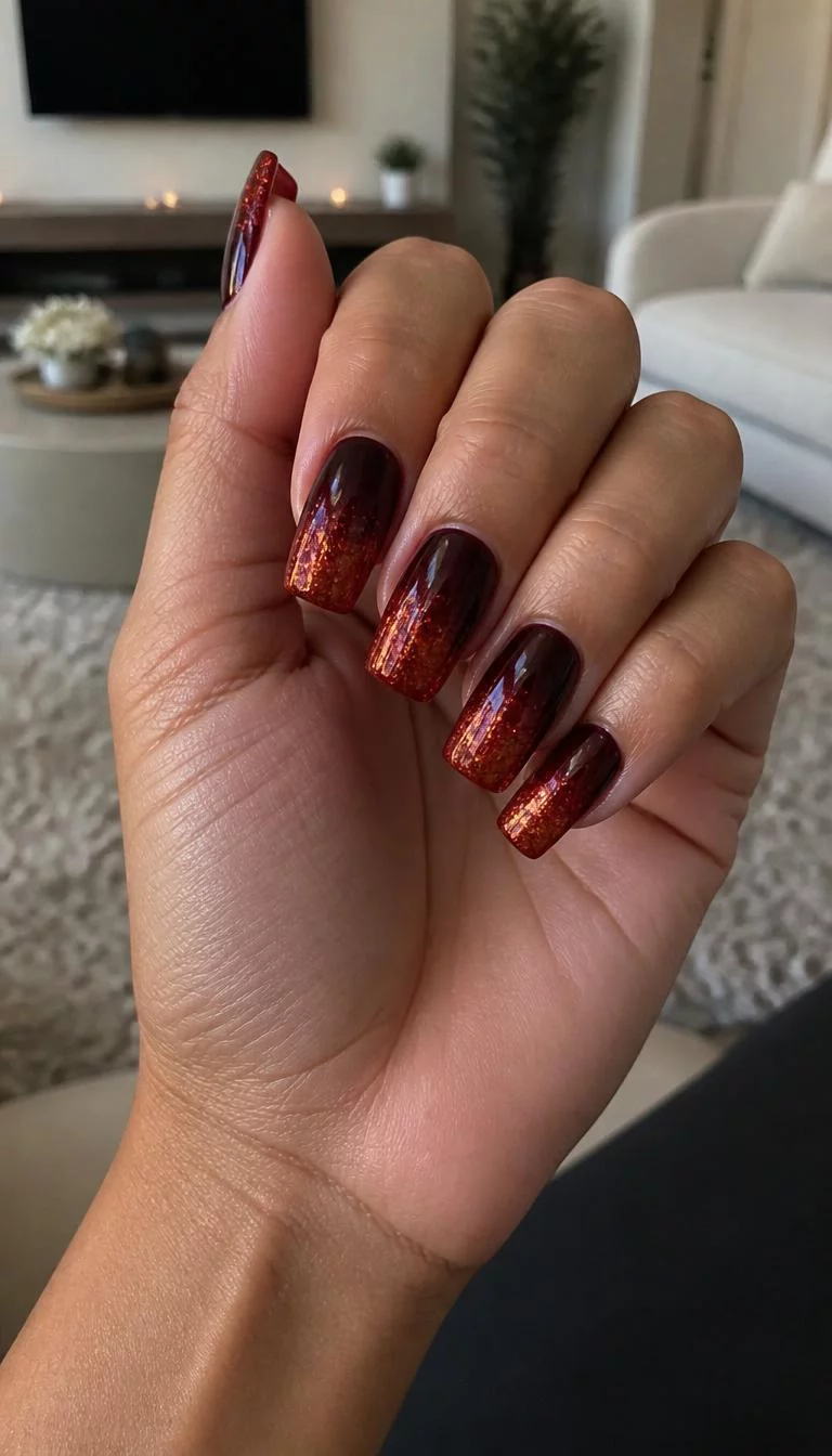 Dark Red To Orange Sparkle A photorealistic close-up shot of a woman's tan skin tone hand with five fingers, showcasing square-shaped medium-length nails with a dark red to glittery orange ombre design, living room background
