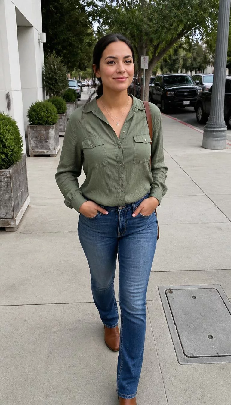 Green Button Up Shirt and Blue Jeans A photorealistic full body shot of a 32-year-old Latina woman with a heart-shaped face, light, upturned nose, thin arched eyebrows, and full lips. Her face features small scar on the eyebrow, and subtle natural facial asymmetry. She has monolid blue eyes, rounded cheeks, subtle smile, cheerful. She is athletic build with dark hair pulled back and is wearing a green button-up shirt and blue jeans, walking outdoors, everyday social media post aesthetic, high-quality mobile photography, shot on an iPhone 14.