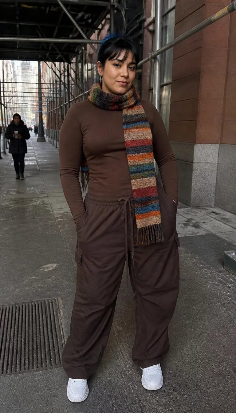 Brown Outfit and Colorful Striped Scarf A photorealistic full body shot of a 25-year-old Latina woman with a round face, light, narrow nose, thick natural eyebrows, and thin lips. Her face features small scar on the eyebrow, and subtle natural facial asymmetry. She has almond-shaped amber eyes, soft cheekbones, neutral expression, playful. She is average build with dark hair in a short updo with blue tips and is wearing a brown long-sleeved shirt and matching pants with a colorful striped scarf, urban background, everyday social media post aesthetic, high-quality mobile photography, shot on an iPhone 14.