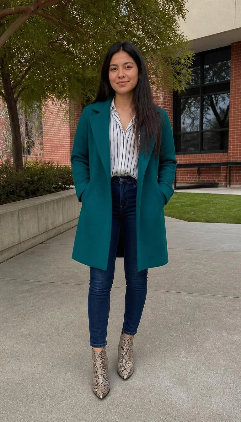 Teal Coat and Snakeskin Booties A photorealistic full body shot of a 23-year-old Latina woman with a square face, dark brown, straight nose, straight eyebrows, and thin lips. Her face features faint freckles across the nose, and subtle natural facial asymmetry. She has monolid gray eyes, pronounced cheekbones, subtle smile, relaxed. She is average build with dark brown long hair and is wearing a teal coat, striped blouse, dark jeans, and snakeskin booties, outdoors, everyday social media post aesthetic, high-quality mobile photography, shot on an iPhone 14.