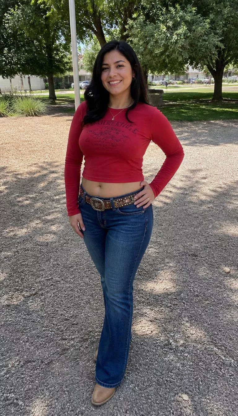 Red Graphic Crop Top and Embroidered Belt A photorealistic full body shot of a 33-year-old Latina woman with a oval face, olive, rounded nose, straight eyebrows, and full lips. Her face features dimples, and subtle natural facial asymmetry. She has upturned green eyes, rounded cheeks, broad smile, cheerful. She is petite with dark hair and is wearing a red long-sleeved graphic crop top, embroidered belt, and blue jeans, outdoor park background, everyday social media post aesthetic, high-quality mobile photography, shot on an iPhone 14.