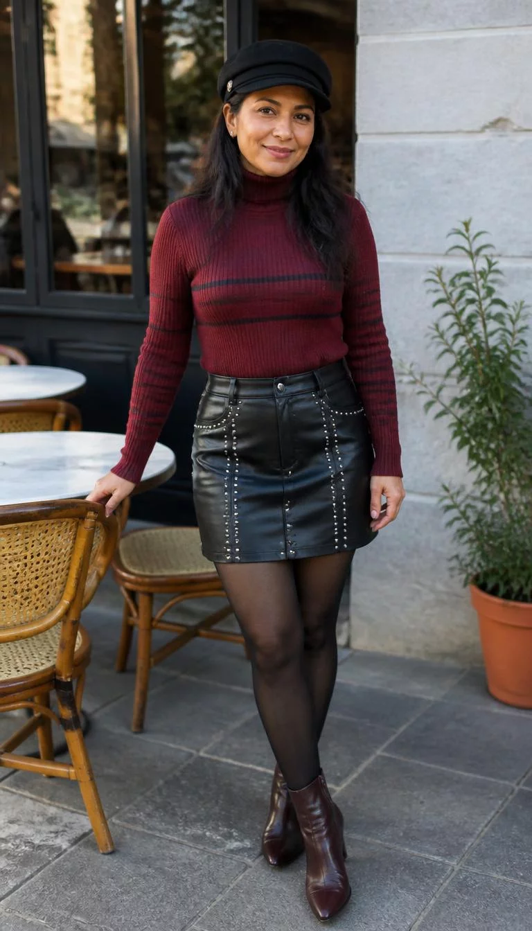A photorealistic full body shot of a 45-year-old Latina woman with a pear-shaped face, deep brown, aquiline nose, feathered eyebrows, and thin lips. Her face features uneven eyebrows, and subtle natural facial asymmetry. She has upturned brown eyes, high cheekbones, broad smile, confident. She is average build with dark hair and a black cap and is wearing a maroon striped turtleneck, studded black leather skirt, black tights, and burgundy boots, outdoor cafe background, everyday social media post aesthetic, high-quality mobile photography, shot on an iPhone 14.