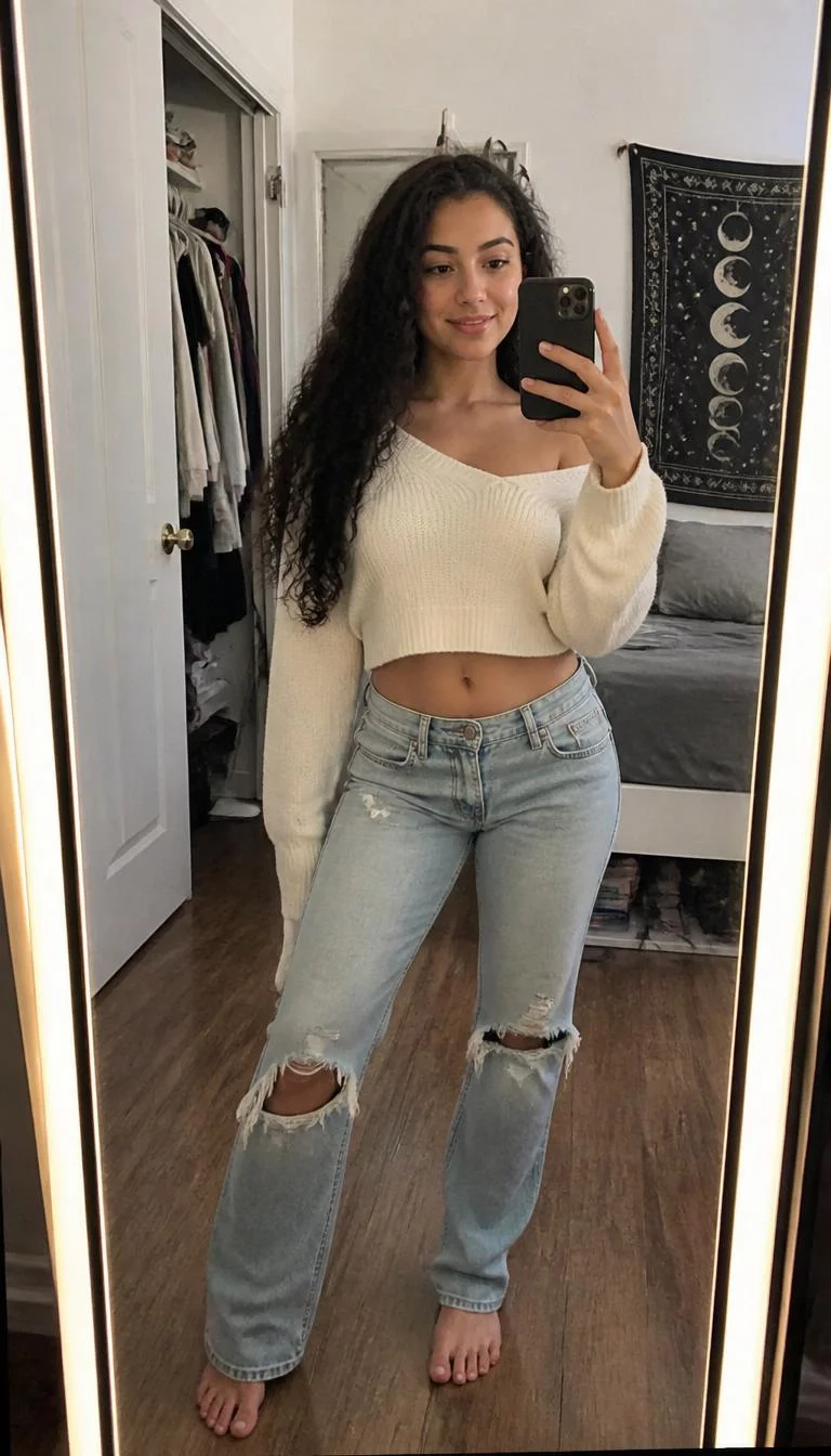 Cream Cropped Sweater and Ripped Jeans A photorealistic full body shot of a 30-year-old Latina woman with a diamond face, golden brown, straight nose, thick natural eyebrows, and thin lips. Her face features widow's peak hairline, and subtle natural facial asymmetry. She has hooded gray eyes, high cheekbones, broad smile, relaxed. She is petite with long dark curly hair and is wearing a cream off-the-shoulder cropped sweater and light-wash ripped jeans, mirror selfie background, everyday social media post aesthetic, high-quality mobile photography, shot on an iPhone 14.