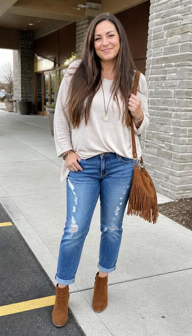 Ripped Jeans and Brown Suede Ankle Boots A photorealistic full body shot of a 49-year-old Northern European woman with a round face, dark brown, broad nose, thin arched eyebrows, and full lips. Her face features uneven eyebrows, subtle acne marks, and subtle natural facial asymmetry. She has round gray eyes, rounded cheeks, broad smile, playful. She is average build with long hair and is wearing ripped blue jeans cuffed at the ankle, brown suede ankle boots, and a tan fringe bag, everyday social media post aesthetic, high-quality mobile photography, shot on an iPhone 14.
