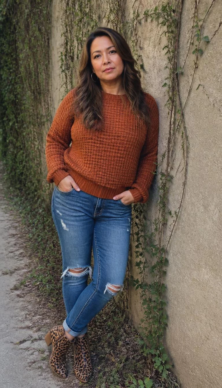 Burnt Orange Sweater and Leopard Print Boots A photorealistic full body shot of a 48-year-old Southeast Asian woman with a oblong face, olive, straight nose, softly curved eyebrows, and heart-shaped lips. Her face features slightly crooked smile, subtle acne marks, and subtle natural facial asymmetry. She has hooded green eyes, soft cheekbones, neutral expression, thoughtful. She is curvy build with brown long wavy hair and is wearing a textured burnt orange sweater, distressed blue jeans, and leopard print ankle boots, against a vine-covered wall, everyday social media post aesthetic, high-quality mobile photography, shot on an iPhone 14.