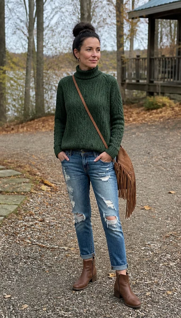 Green Cable Knit and Distressed Jeans A photorealistic full body shot of a 49-year-old Northern European woman with a diamond face, olive, narrow nose, softly curved eyebrows, and wide lips. Her face features dimples, light freckles, and subtle natural facial asymmetry. She has hooded blue eyes, rounded cheeks, subtle smile, thoughtful. She is slim with dark hair in a high bun and is wearing a green cable-knit turtleneck sweater, distressed blue jeans, brown ankle boots, and a fringe crossbody bag, everyday social media post aesthetic, high-quality mobile photography, shot on an iPhone 14.