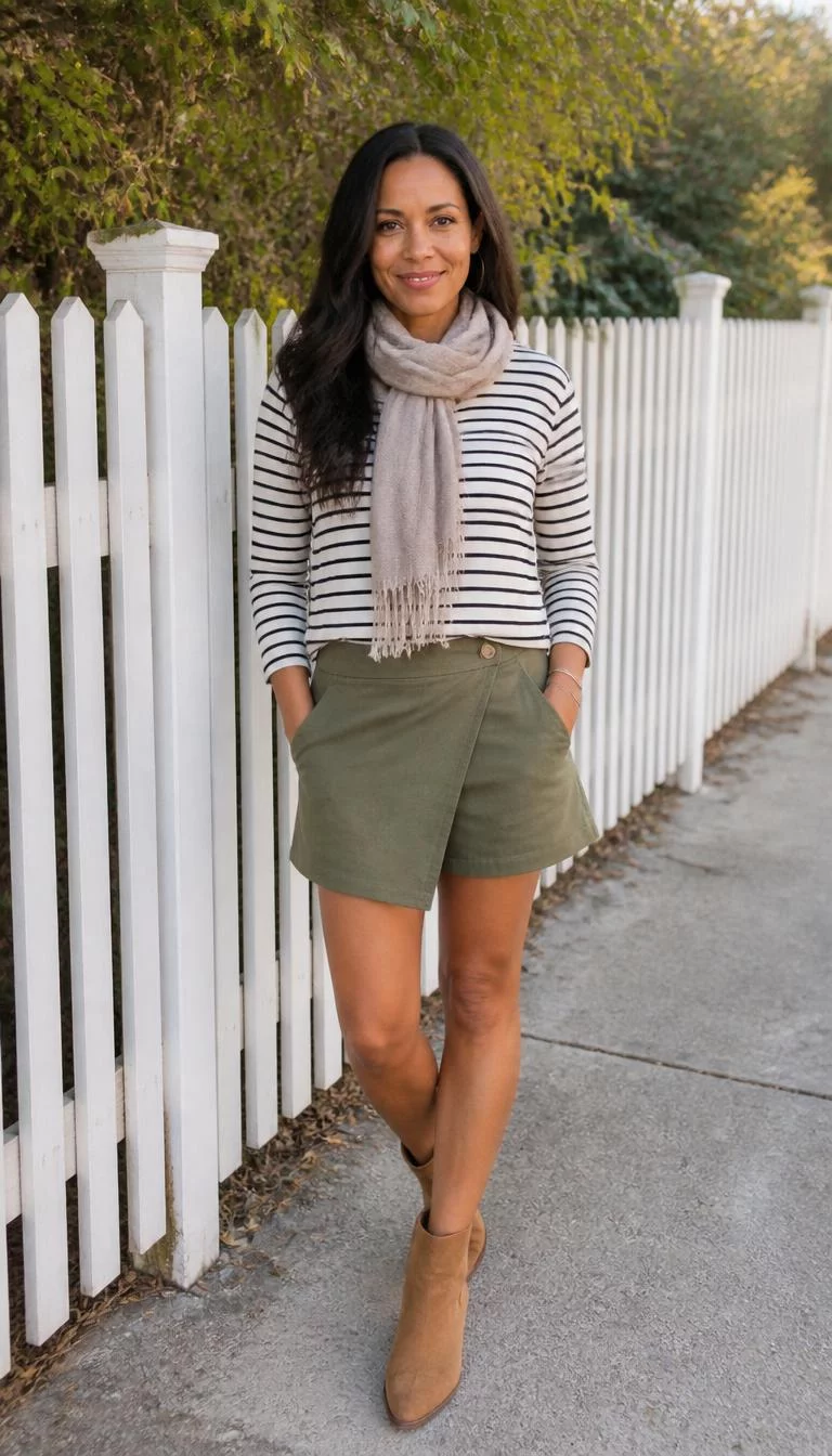 Olive Skort and Tan Ankle Boots A photorealistic full body shot of a 46-year-old Mixed-race woman with a square face, dark brown, rounded nose, straight eyebrows, and wide lips. Her face features faint freckles across the nose, slightly flushed cheeks, and subtle natural facial asymmetry. She has hooded brown eyes, soft cheekbones, closed-mouth smile, cheerful. She is slim with long dark hair and is wearing a striped long-sleeve top, an olive skort, tan ankle boots, and a neutral scarf, by a white fence, everyday social media post aesthetic, high-quality mobile photography, shot on an iPhone 14.