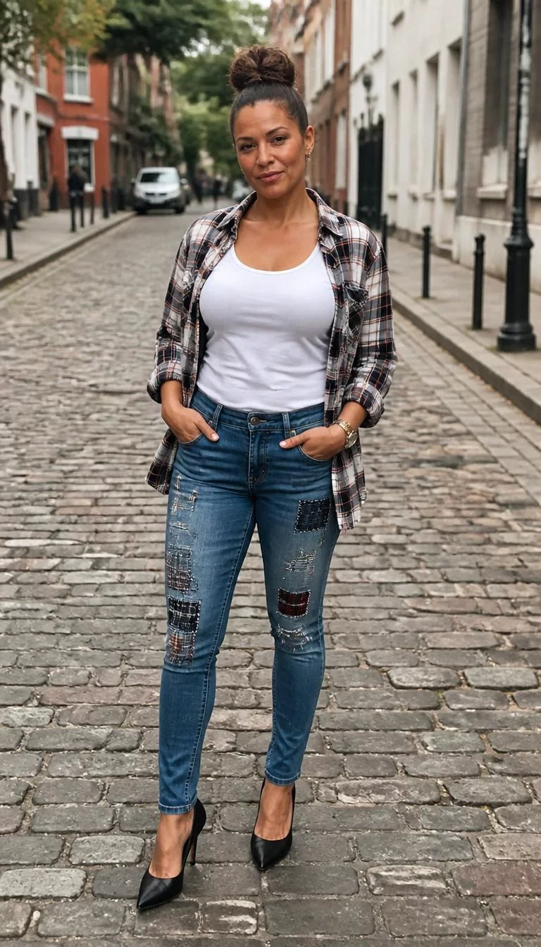 Plaid Shirt and Patched Blue Jeans A photorealistic full body shot of a 41-year-old Afro-Caribbean woman with a oblong face, fair, upturned nose, straight eyebrows, and wide lips. Her face features slightly crooked smile, visible pores, and subtle natural facial asymmetry. She has round hazel eyes, soft cheekbones, neutral expression, playful. She is athletic build with brown hair in a bun hair and is wearing a plaid shirt over a white tank top, patched blue jeans, and black pointed heels, on a cobblestone street, everyday social media post aesthetic, high-quality mobile photography, shot on an iPhone 14.