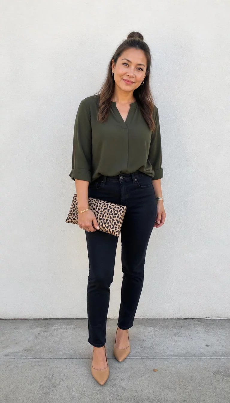 Olive Green Blouse and Dark Jeans A photorealistic full body shot of a 39-year-old Southeast Asian woman with a round face, deep brown, button nose, thin arched eyebrows, and heart-shaped lips. Her face features dimples, light freckles, and subtle natural facial asymmetry. She has downturned amber eyes, high cheekbones, neutral expression, cheerful. She is athletic build with dark brown hair in a half-up bun hair and is wearing a olive green blouse, dark jeans, and tan pointed flats, carrying a leopard print clutch, against a white wall, everyday social media post aesthetic, high-quality mobile photography, shot on an iPhone 14.