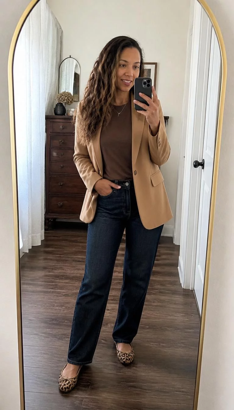 Camel Blazer and Leopard Print Flats A photorealistic full body shot of a 34-year-old Mixed-race woman with a oblong face, light, upturned nose, straight eyebrows, and thin lips. Her face features gap between front teeth, a few laugh lines, and subtle natural facial asymmetry. She has monolid brown eyes, rounded cheeks, subtle smile, confident. She is petite with brown wavy hair hair and is wearing a camel blazer over a brown top, dark wash jeans, and leopard print flats, posing in a room with a mirror, everyday social media post aesthetic, high-quality mobile photography, shot on an iPhone 14.