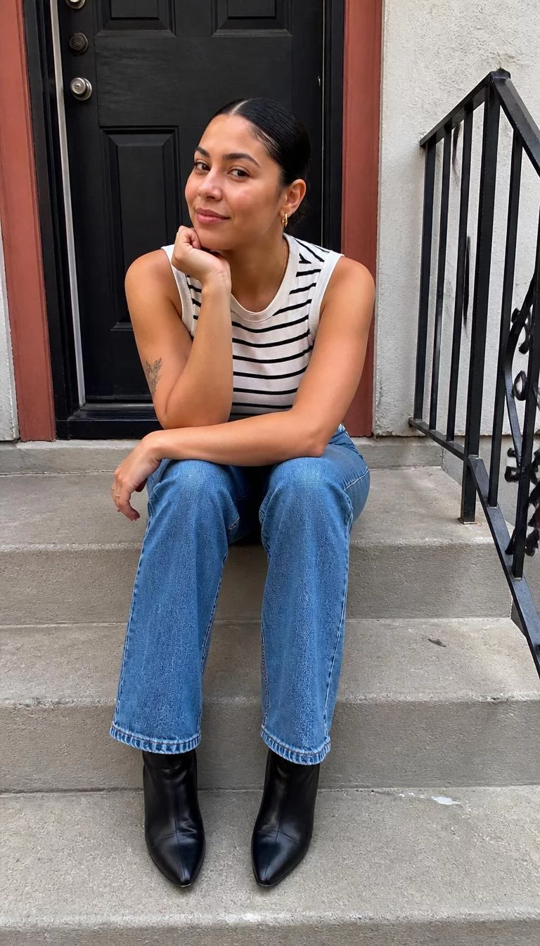 Sleeveless Striped Top and Blue Jeans A photorealistic full body shot of a 24-year-old Latina woman with a round face, olive, narrow nose, feathered eyebrows, and wide lips. Her face features uneven eyebrows, a few laugh lines, and subtle natural facial asymmetry. She has monolid brown eyes, pronounced cheekbones, closed-mouth smile, thoughtful. She is average build with dark, slicked-back hair hair and is wearing a white and black striped sleeveless top, blue jeans, and black pointed booties, sitting on steps outside a door, everyday social media post aesthetic, high-quality mobile photography, shot on an iPhone 14.