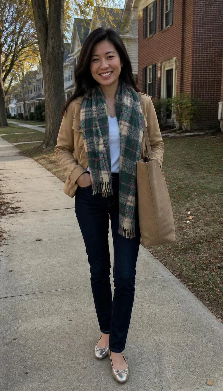 Tan Jacket and Green Plaid Scarf A photorealistic full body shot of a 42-year-old East Asian woman with a diamond face, dark brown, straight nose, feathered eyebrows, and heart-shaped lips. Her face features gap between front teeth, slightly flushed cheeks, and subtle natural facial asymmetry. She has hooded gray eyes, high cheekbones, broad smile, relaxed. She is athletic build with dark hair hair and is wearing a tan jacket, white t-shirt, dark wash jeans, and metallic flats, with a large green plaid scarf and a tan tote bag, in a suburban neighborhood, everyday social media post aesthetic, high-quality mobile photography, shot on an iPhone 14.