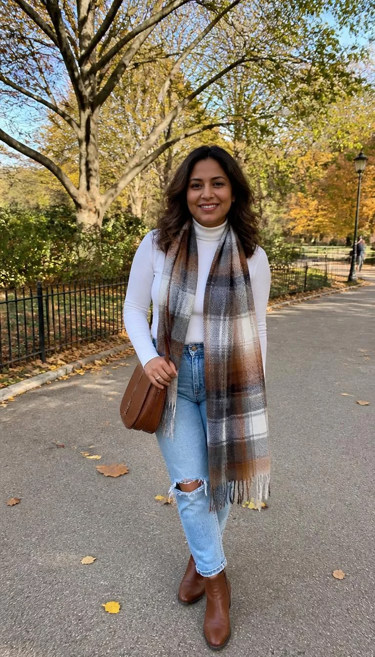 White Turtleneck and Plaid Scarf A photorealistic full body shot of a 40-year-old Middle Eastern woman with a square face, olive, upturned nose, softly curved eyebrows, and full lips. Her face features gap between front teeth, faint under-eye shadows, and subtle natural facial asymmetry. She has hooded brown eyes, rounded cheeks, subtle smile, playful. She is petite with brown wavy hair hair and is wearing a white turtleneck, ripped light wash jeans, and brown ankle boots, with a large plaid scarf and a brown bag, in a park, everyday social media post aesthetic, high-quality mobile photography, shot on an iPhone 14.
