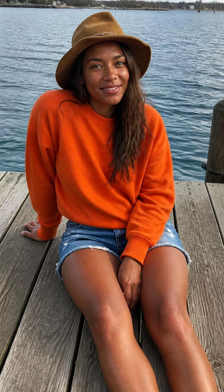 Orange Sweater and Brown Felt Hat A photorealistic full body shot of a 34-year-old Afro-Caribbean woman with a heart-shaped face, deep brown, aquiline nose, feathered eyebrows, and thin lips. Her face features beauty mark near the lip, faint under-eye shadows, and subtle natural facial asymmetry. She has monolid green eyes, high cheekbones, broad smile, playful. She is athletic build with brown long hair and is wearing an orange crewneck sweater, brown wide-brim felt hat, denim shorts, sitting on a wooden dock with water background, everyday social media post aesthetic, high-quality mobile photography, shot on an iPhone 14.