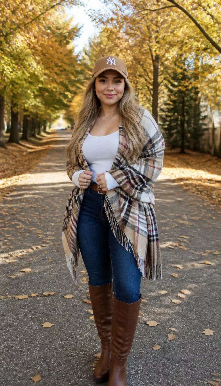 A photorealistic full body shot of a 29-year-old Latina woman with a heart-shaped face, fair, aquiline nose, softly curved eyebrows, and wide lips. Her face features dimples, visible pores, and subtle natural facial asymmetry. She has upturned dark brown eyes, high cheekbones, closed-mouth smile, confident. She is curvy build with blonde long hair and is wearing a tan cap, white top, plaid shawl, blue jeans, and tall brown leather boots, a path lined with autumn trees, everyday social media post aesthetic, high-quality mobile photography, shot on an iPhone 14.