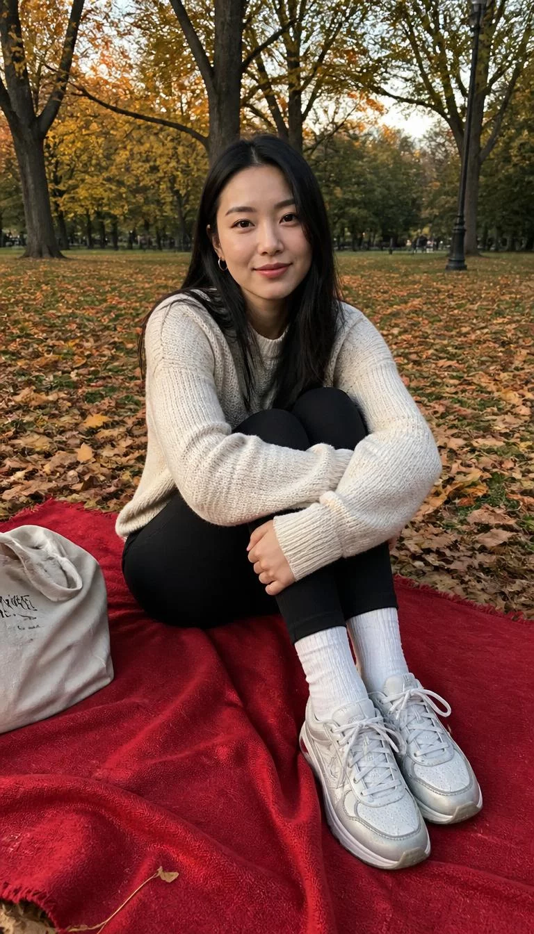 Cream Sweater and Red Blanket Picnic A photorealistic full body shot of a 24-year-old East Asian woman with a oblong face, light, straight nose, thin arched eyebrows, and thin lips. Her face features slightly crooked smile, slightly flushed cheeks, and subtle natural facial asymmetry. She has monolid hazel eyes, pronounced cheekbones, neutral expression, cheerful. She is slim with black straight hair and is wearing a cream sweater, black leggings, sitting on a red blanket in a park with fallen leaves, everyday social media post aesthetic, high-quality mobile photography, shot on an iPhone 14.