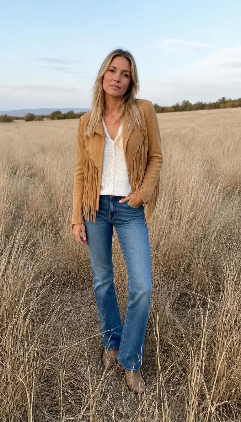 Western Vibes in the Tall Grass A photorealistic full body shot of a 37-year-old Southern European woman with a square face, light, narrow nose, thin arched eyebrows, and thin lips. Her face features uneven eyebrows, light freckles, and subtle natural facial asymmetry. She has downturned gray eyes, high cheekbones, neutral expression, cheerful. She is slim with blonde straight hair and is wearing a fringe tan jacket, white top, blue jeans, tall dry grass field, everyday social media post aesthetic, high-quality mobile photography, shot on an iPhone 14.