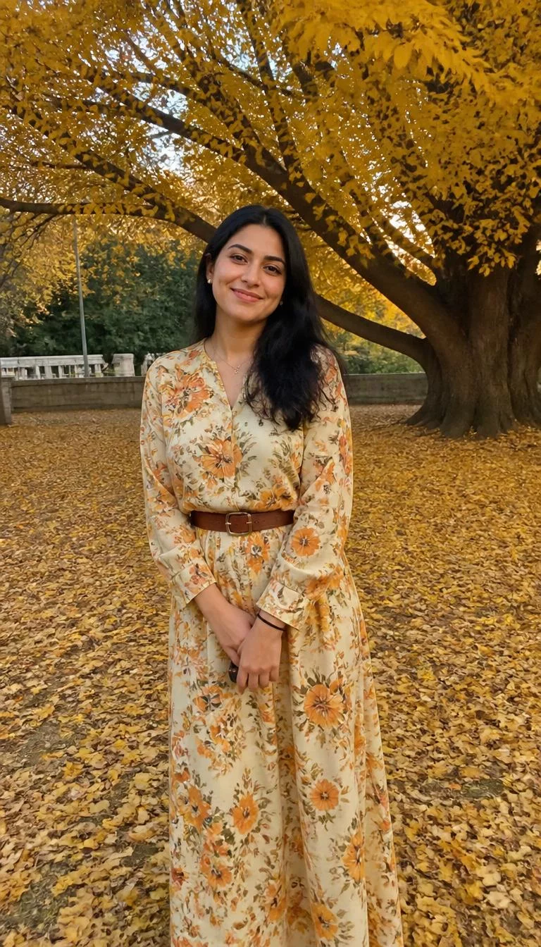 Long Floral Dress and Golden Canopy A photorealistic full body shot of a 27-year-old Middle Eastern woman with a square face, tan, upturned nose, thick natural eyebrows, and thin lips. Her face features dimples, subtle acne marks, and subtle natural facial asymmetry. She has deep-set blue eyes, rounded cheeks, broad smile, relaxed. She is petite with black long hair and is wearing a long floral dress with warm yellow and orange patterns, brown belt, under a large golden tree, everyday social media post aesthetic, high-quality mobile photography, shot on an iPhone 14.
