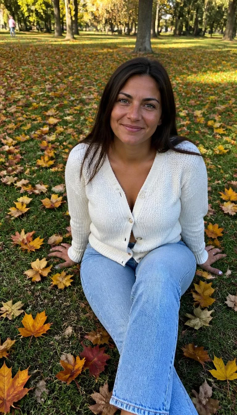 White Button-Up Cardigan and Denim A photorealistic full body shot of a 38-year-old Southern European woman with a heart-shaped face, deep brown, broad nose, thick natural eyebrows, and thin lips. Her face features faint freckles across the nose, slightly flushed cheeks, and subtle natural facial asymmetry. She has deep-set blue eyes, rounded cheeks, broad smile, playful. She is curvy build with dark brown straight hair and is wearing a white button-up knit cardigan, light blue jeans, sitting on grass with vibrant fallen leaves, everyday social media post aesthetic, high-quality mobile photography, shot on an iPhone 14.