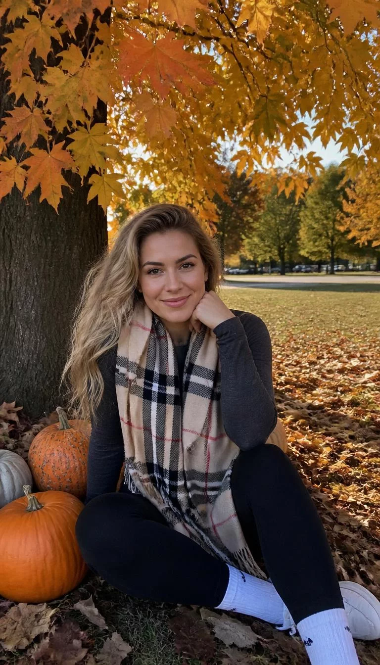 Plaid Scarf and Pumpkin Accents A photorealistic full body shot of a 25-year-old Eastern European woman with a diamond face, deep brown, rounded nose, thick natural eyebrows, and wide lips. Her face features beauty mark near the lip, faint under-eye shadows, and subtle natural facial asymmetry. She has deep-set brown eyes, rounded cheeks, broad smile, confident. She is athletic build with blonde wavy hair and is wearing a plaid scarf, gray long sleeve top, black leggings, sitting under a maple tree with pumpkins, everyday social media post aesthetic, high-quality mobile photography, shot on an iPhone 14.