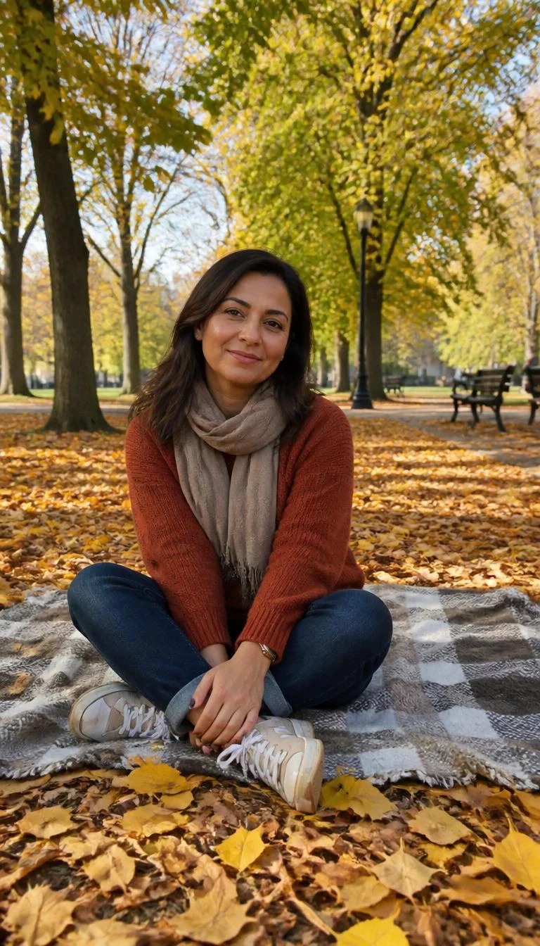 Warm Earth Tones and Cozy Blankets A photorealistic full body shot of a 47-year-old Middle Eastern woman with a round face, tan, straight nose, softly curved eyebrows, and wide lips. Her face features slightly crooked smile, slightly flushed cheeks, and subtle natural facial asymmetry. She has upturned gray eyes, high cheekbones, subtle smile, playful. She is petite with dark brown shoulder length hair and is wearing a rust orange sweater, tan scarf, dark wash jeans, sitting on a wool blanket amidst yellow fallen leaves, everyday social media post aesthetic, high-quality mobile photography, shot on an iPhone 14.