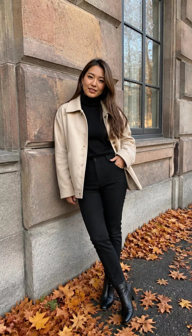 Chic Oversized Beige Jacket and Turtleneck A photorealistic full body shot of a 26-year-old Southeast Asian woman with a diamond face, golden brown, straight nose, straight eyebrows, and full lips. Her face features gap between front teeth, faint under-eye shadows, and subtle natural facial asymmetry. She has monolid brown eyes, pronounced cheekbones, subtle smile, confident. She is petite with brown straight hair and is wearing a chic oversized beige jacket, black turtleneck, black slim fit trousers, autumn leaves on the ground leaning against a building, everyday social media post aesthetic, high-quality mobile photography, shot on an iPhone 14.