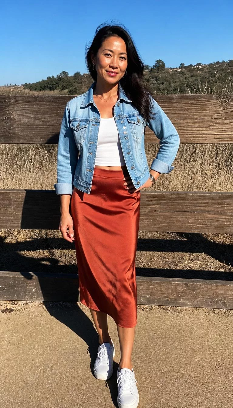 Denim Jacket and Rust-Colored Skirt A photorealistic full body shot of a 43-year-old East Asian woman with a heart-shaped face, tan, aquiline nose, feathered eyebrows, and full lips. Her face features small scar on the eyebrow, visible pores, and subtle natural facial asymmetry. She has hooded green eyes, soft cheekbones, broad smile, confident. She is slim with black straight hair and is wearing a denim jacket, rust-colored midi skirt, white sneakers, sunny dry outdoor setting, everyday social media post aesthetic, high-quality mobile photography, shot on an iPhone 14.