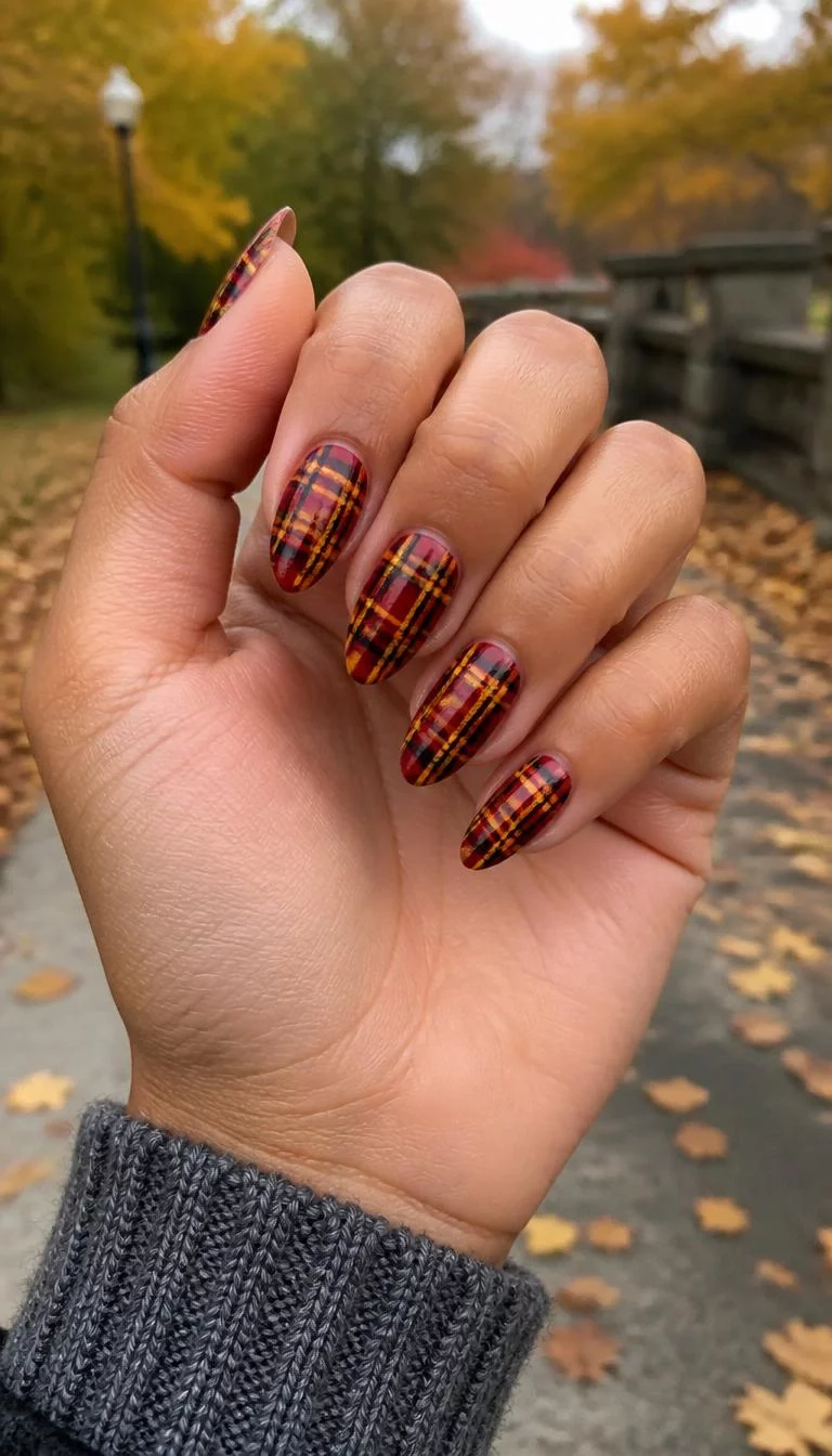 Bold Crimson Tartan A photorealistic close-up shot of a woman's medium skin tone hand with five fingers, showcasing almond-shaped nails sporting a striking red and yellow plaid pattern, outdoor fall background