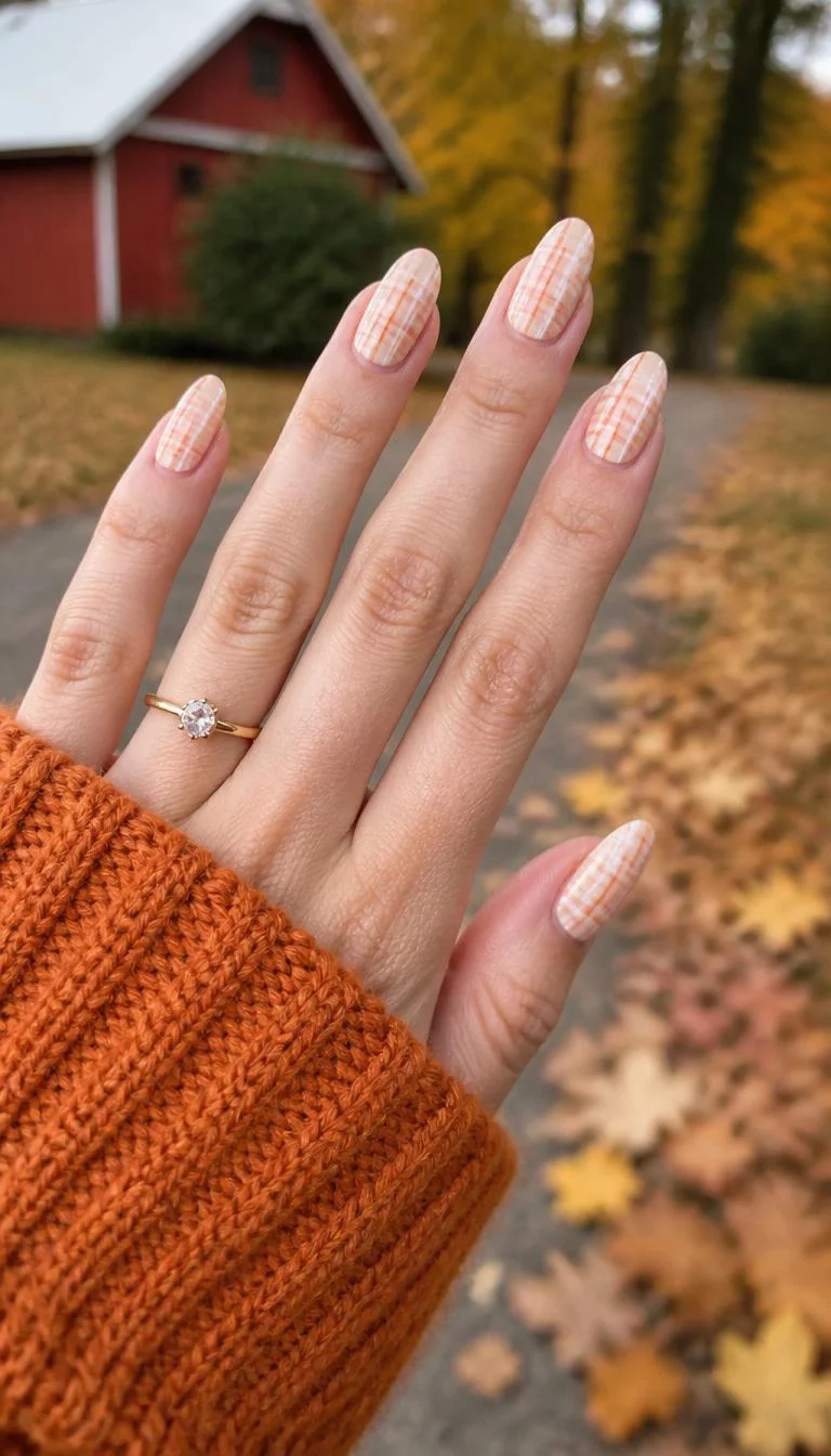 Light Beige Warmth A photorealistic close-up shot of a woman's light skin tone hand with five fingers, showcasing almond-shaped medium-length nails featuring a light beige base with an orange and white plaid pattern, outdoor fall background