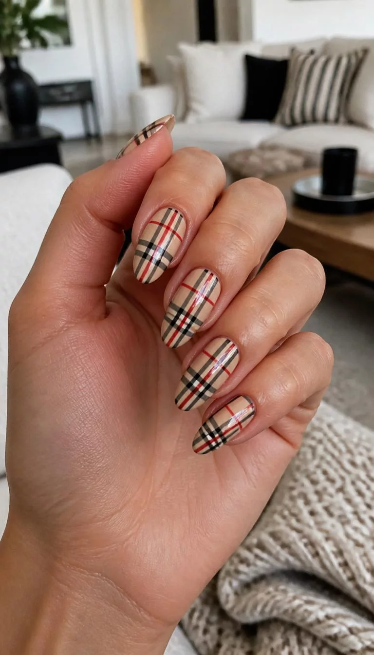 Bold Monochrome Accents A photorealistic close-up shot of a woman's light skin tone hand with five fingers, showcasing almond and oval nails featuring a polished light beige base with a bold red, black, and grey plaid design, living room background