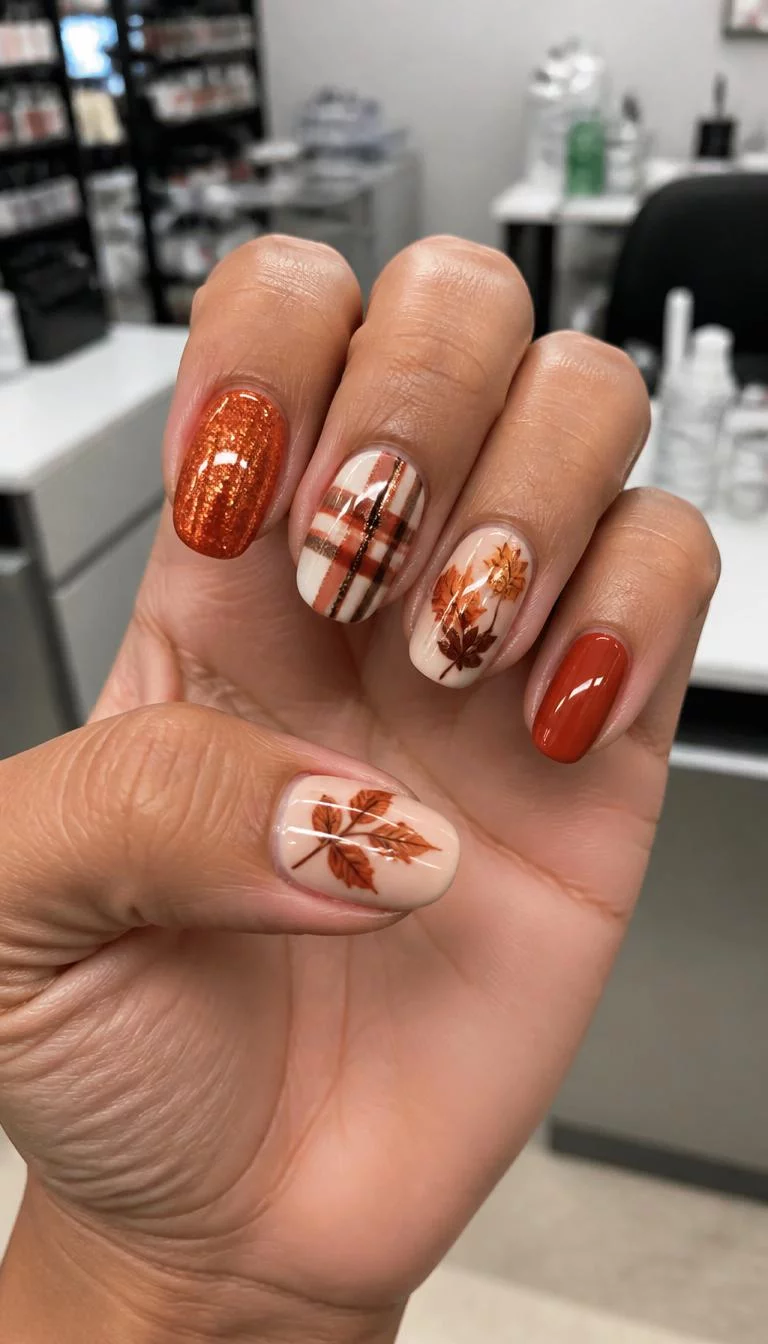 Sparkling Rust Leaves A photorealistic close-up shot of a woman's olive skin tone hand with five fingers, showcasing medium-length nails featuring sparkling orange and rust colors with plaid accents and painted fall leaves, nail salon background