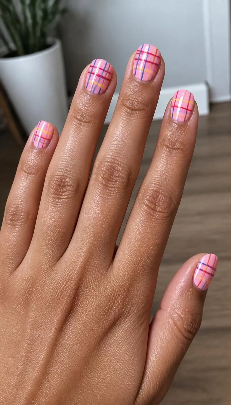 Playful Pastel Plaid A photorealistic close-up shot of a woman's olive skin tone hand with five fingers, showcasing short oval nails featuring a light pink base and a red, yellow, and blue plaid design, indoor background