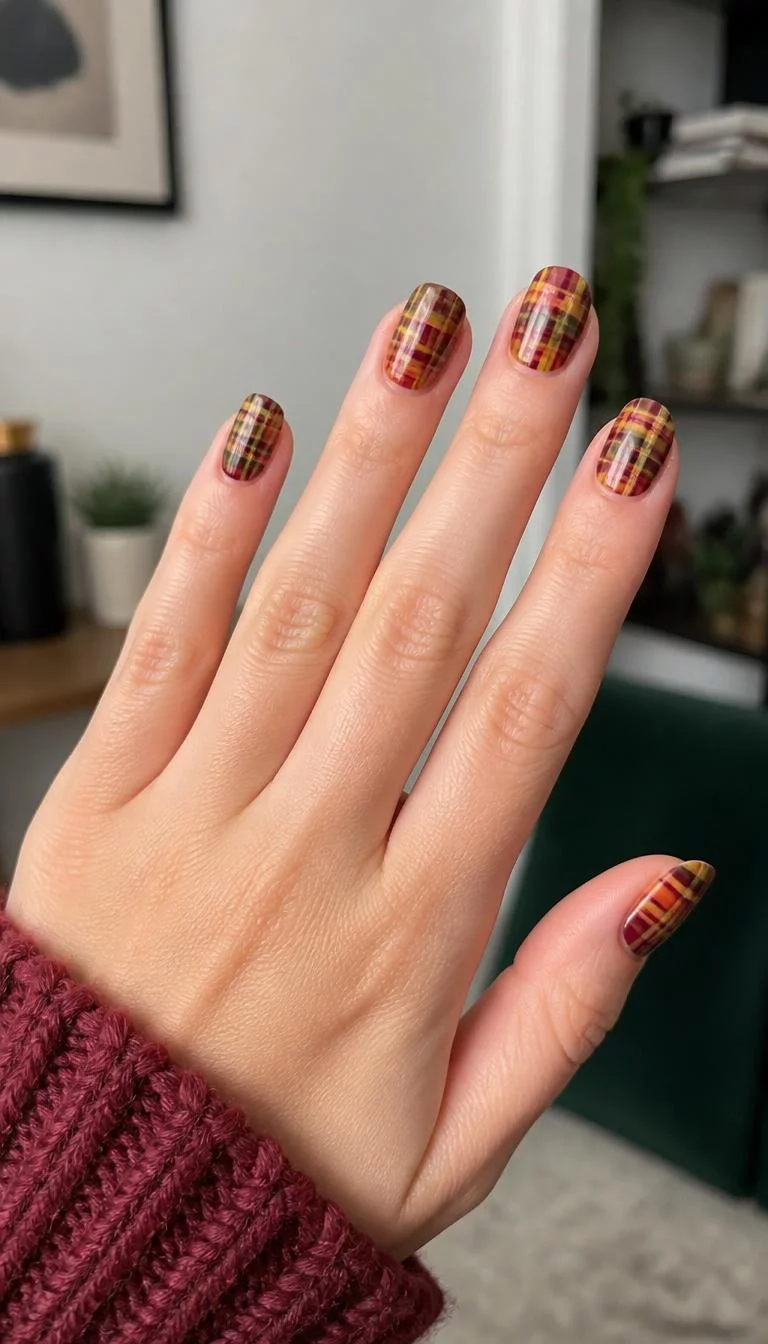 Multi Colored Harvest Palette A photorealistic close-up shot of a woman's light skin tone hand with five fingers, showcasing oval nails showcasing a multi-colored plaid pattern in shades of orange, yellow, green, and burgundy, indoor background