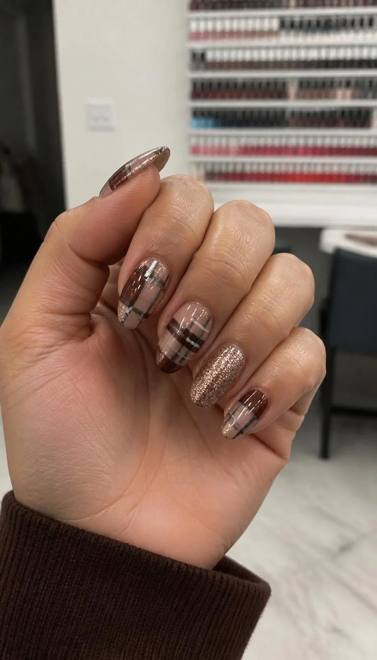 Earthy Glitter Harmony A photorealistic close-up shot of a woman's olive skin tone hand with five fingers, showcasing almond-shaped medium-length nails featuring a plaid pattern with earthy tones and glitter accents, nail salon background