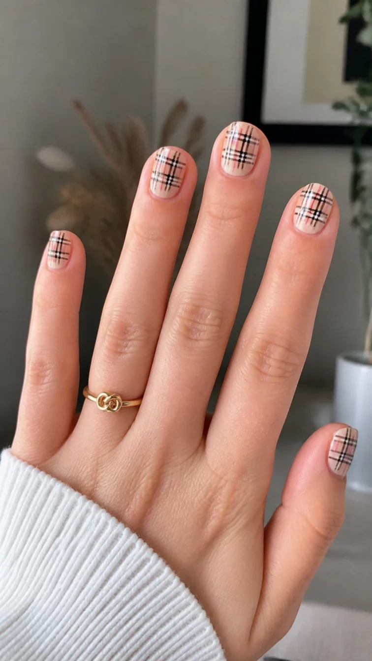 A photorealistic close-up shot of a woman's light skin tone hand with five fingers, showcasing short square nails featuring a delicate plaid pattern in soft beige and black/pink stripes, indoor background