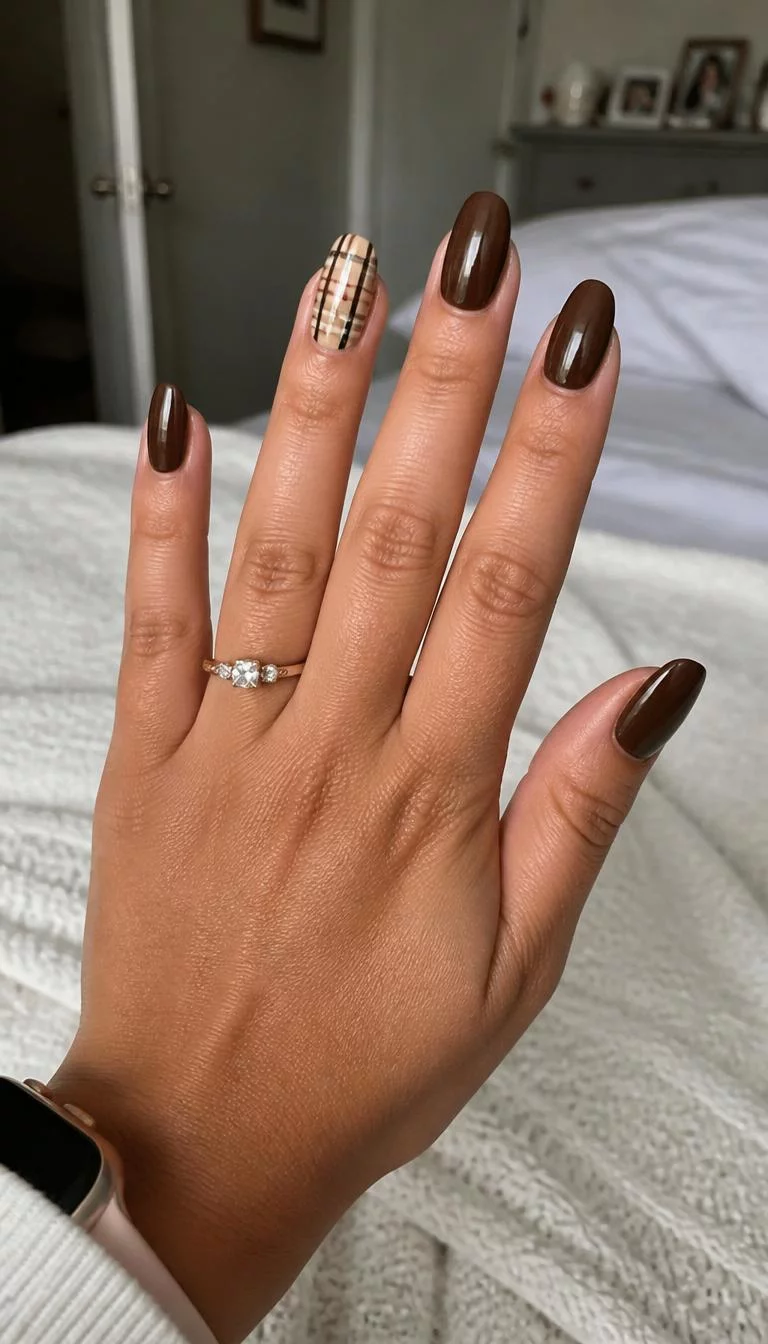 Chocolate And Tan Duo A photorealistic close-up shot of a woman's tan skin tone hand with five fingers, showcasing oval nails featuring a chocolate brown polish with a tan plaid accent nail, bedroom background