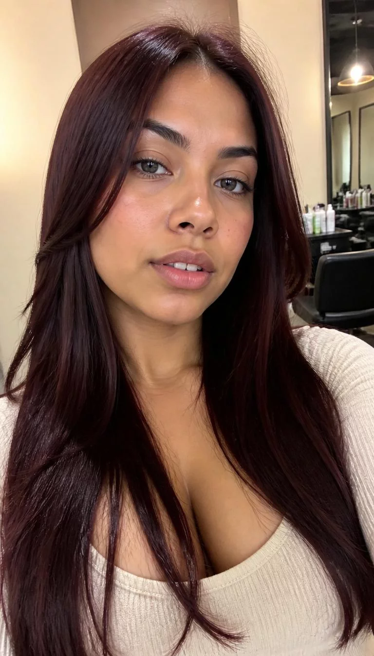 Deep Black Cherry Gloss selfie of a 24-year-old Latina woman with a oval face, golden brown, rounded nose, softly curved eyebrows, and full lips. Her face features gap between front teeth, slightly flushed cheeks, and subtle natural facial asymmetry. She has hooded gray eyes, pronounced cheekbones, neutral expression, relaxed. She is average and is wearing a Ivory Ribbed Top with Deep Black Cherry Gloss long straight hair, warm indoor lighting, hair salon