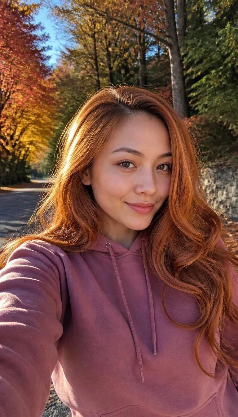 Vibrant Strawberry Blonde Fusion selfie of a 25-year-old Southeast Asian woman with a oval face, fair, straight nose, thin arched eyebrows, and heart-shaped lips. Her face features widow's peak hairline, visible pores, and subtle natural facial asymmetry. She has downturned hazel eyes, high cheekbones, subtle smile, thoughtful. She is curvy and is wearing a Mauve Hoodie with Vibrant Strawberry Blonde Fusion long voluminous curls hair, bright natural daylight, fall outdoor background