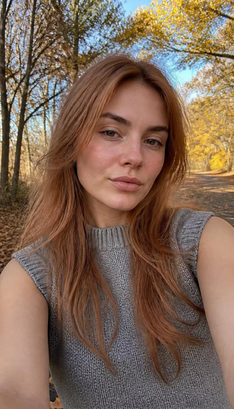 Soft Apricot Copper selfie of a 30-year-old Northern European woman with a round face, fair, button nose, thick natural eyebrows, and heart-shaped lips. Her face features small scar on the eyebrow, subtle acne marks, and subtle natural facial asymmetry. She has hooded brown eyes, pronounced cheekbones, neutral expression, relaxed. She is athletic and is wearing a Gray Sweater Vest with Soft Apricot Copper long wispy layers hair, bright natural daylight, fall outdoor background