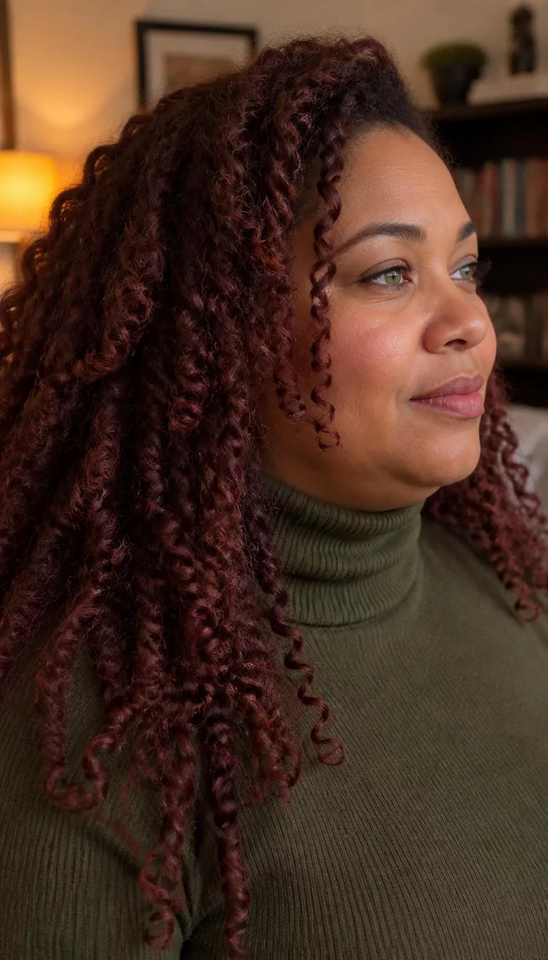 Smoky Rosewood Brown A side view photo of a 40-year-old Afro-Caribbean woman with a round face, light, upturned nose, straight eyebrows, and thin lips. Her face features slightly crooked smile, faint under-eye shadows, and subtle natural facial asymmetry. She has hooded green eyes, rounded cheeks, neutral expression, playful. She is plus-size and is wearing a Olive Green Turtleneck Sweater with Smoky Rosewood Brown long natural coils hair, warm indoor lighting, indoor