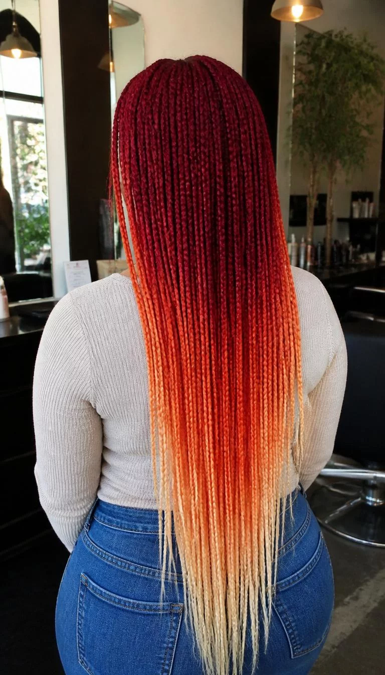 Fiery Sunset Ombre A back shot with face not visible photo of a 24-year-old Latina woman with a heart-shaped face, light, broad nose, feathered eyebrows, and heart-shaped lips. Her face features small scar on the eyebrow, a few laugh lines, and subtle natural facial asymmetry. She has deep-set green eyes, rounded cheeks, closed-mouth smile, confident. She is curvy and is wearing a Ivory Turtleneck Sweater with Fiery Sunset Ombre long braided hair, bright natural daylight, hair salon