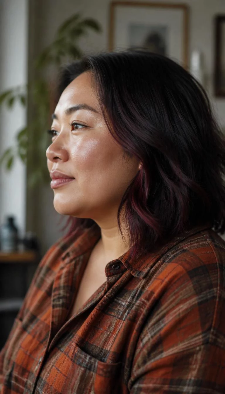 Dark Sangria Highlights A side view photo of a 36-year-old East Asian woman with a diamond face, tan, broad nose, thick natural eyebrows, and wide lips. Her face features slightly crooked smile, a few laugh lines, and subtle natural facial asymmetry. She has monolid blue eyes, high cheekbones, neutral expression, playful. She is plus-size and is wearing a Burnt Orange Flannel Shirt with Dark Sangria Highlights long bob hair, soft window light, indoor