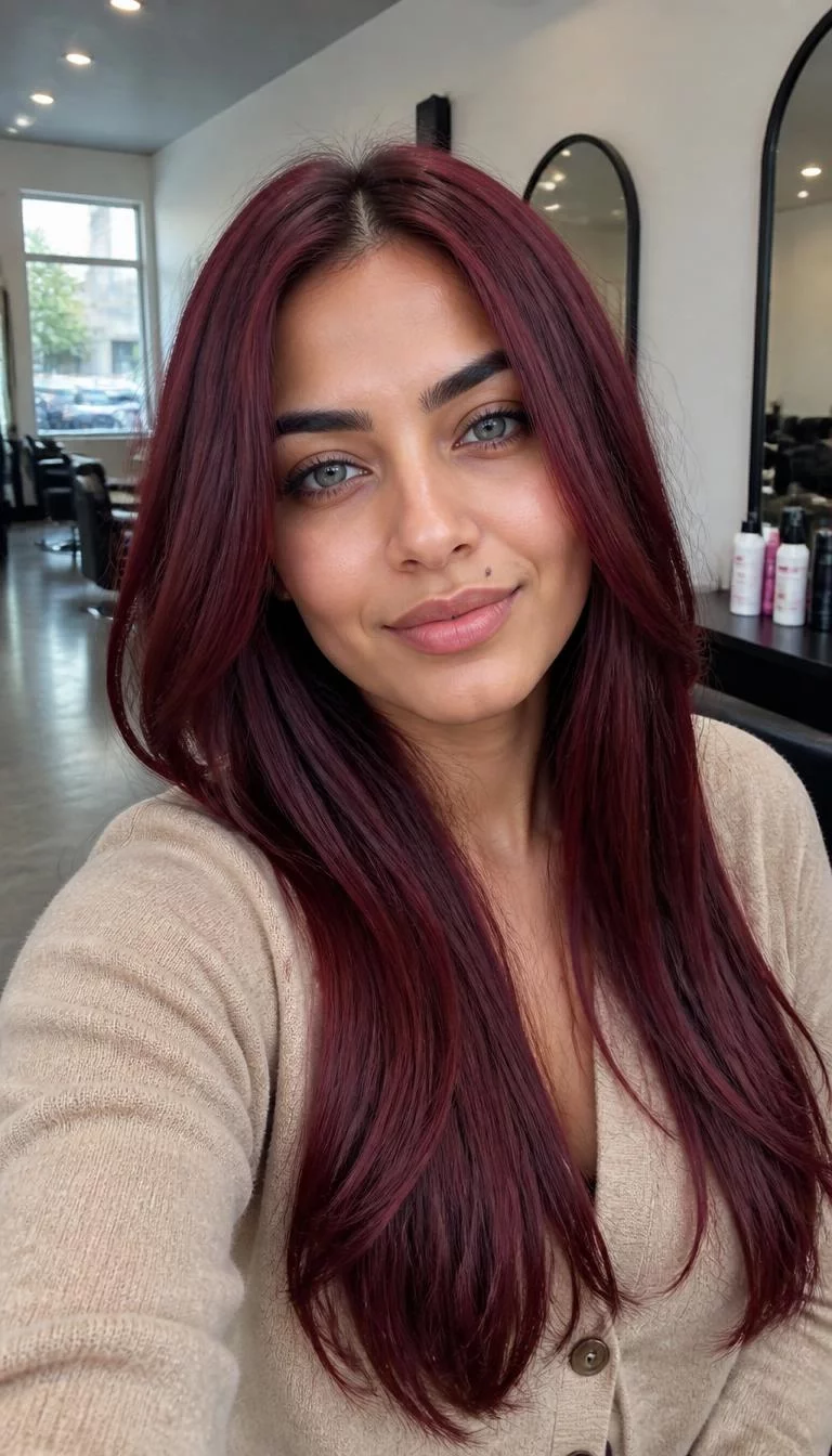 Ruby Red Velvet selfie of a 30-year-old Middle Eastern woman with a round face, light, straight nose, straight eyebrows, and wide lips. Her face features beauty mark near the lip, faint under-eye shadows, and subtle natural facial asymmetry. She has deep-set blue eyes, high cheekbones, closed-mouth smile, relaxed. She is slim and is wearing a Tan Cardigan with Ruby Red Velvet long silk press hair, overcast daylight, hair salon