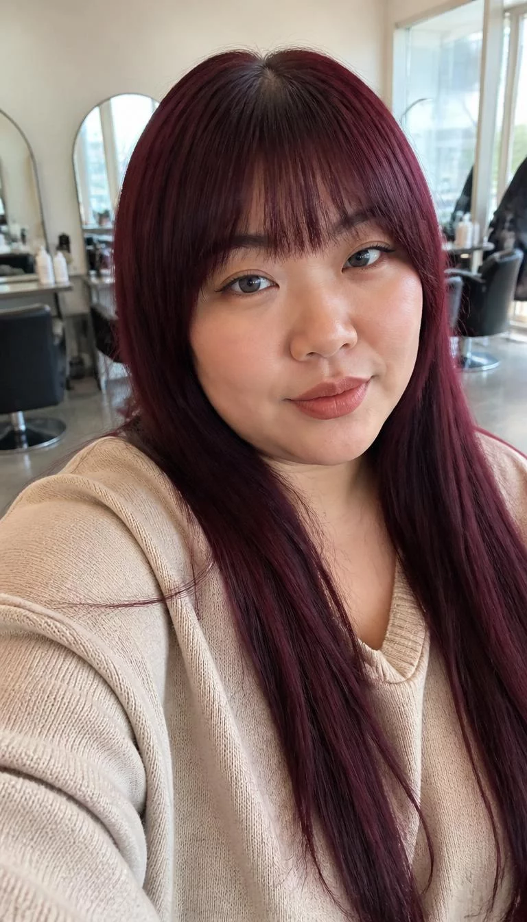 Deep Velvet Merlot selfie of a 33-year-old East Asian woman with a round face, golden brown, upturned nose, feathered eyebrows, and wide lips. Her face features widow's peak hairline, faint under-eye shadows, and subtle natural facial asymmetry. She has monolid blue eyes, soft cheekbones, subtle smile, thoughtful. She is curvy and is wearing a Beige Oversized Sweater with Deep Velvet Merlot long blunt bangs hair, bright natural daylight, hair salon