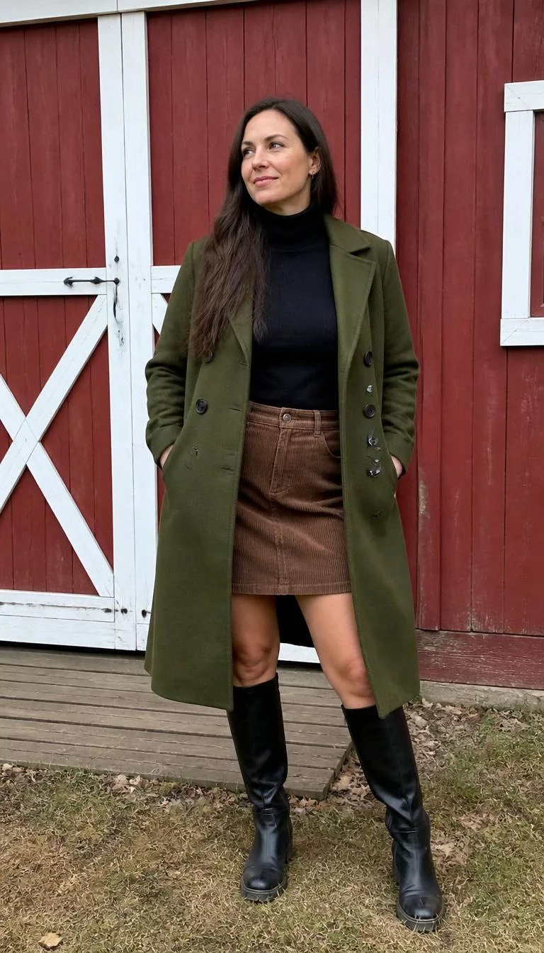 Olive Green Military Style Coat And Brown Corduroy Mini Skirt A photorealistic full body shot of a 44-year-old Eastern European woman with a oval face, fair, broad nose, feathered eyebrows, and heart-shaped lips. Her face features uneven eyebrows, a few laugh lines, and subtle natural facial asymmetry. She has upturned blue eyes, rounded cheeks, closed-mouth smile, thoughtful. She is curvy build with long brown hair and is wearing a olive green military-style coat, black turtleneck, brown corduroy mini skirt, front of a red barn, everyday social media post aesthetic, high-quality mobile photography, shot on an iPhone 14.