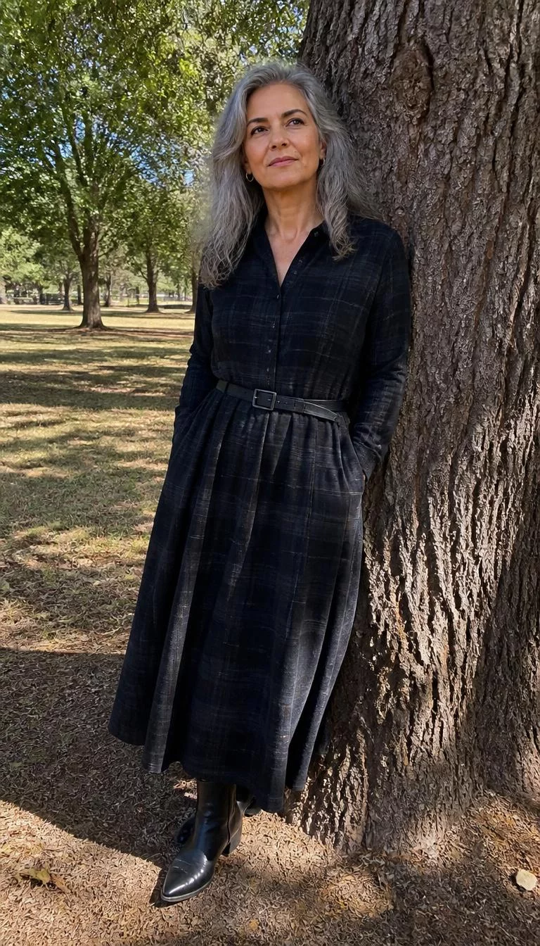 A photorealistic full body shot of a 53-year-old Southern European woman with a pear-shaped face, light, narrow nose, feathered eyebrows, and heart-shaped lips. Her face features beauty mark near the lip, light freckles, and subtle natural facial asymmetry. She has deep-set dark brown eyes, pronounced cheekbones, closed-mouth smile, thoughtful. She is athletic build with grey long hair and is wearing a black plaid belted maxi dress with black ankle boots, outdoors next to a large tree in a park, everyday social media post aesthetic, high-quality mobile photography, shot on an iPhone 14.